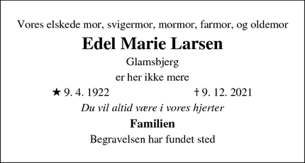 Dødsannoncen for Edel Marie Larsen - Odense C