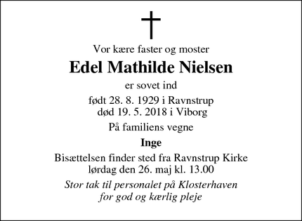 Dødsannoncen for Edel Mathilde Nielsen - Karup J