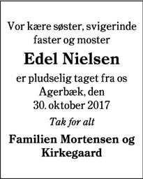 Dødsannoncen for Edel Nielsen - Agerbæk