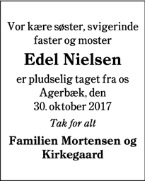 Dødsannoncen for Edel Nielsen - Agerbæk