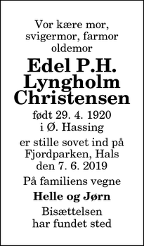 Dødsannoncen for Edel P.H. Lyngholm
Christensen - Hou-Hals