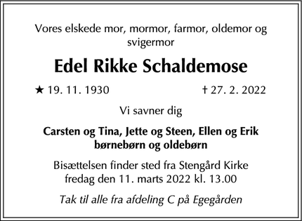 Dødsannoncen for Edel Rikke Schaldemose - Søborg