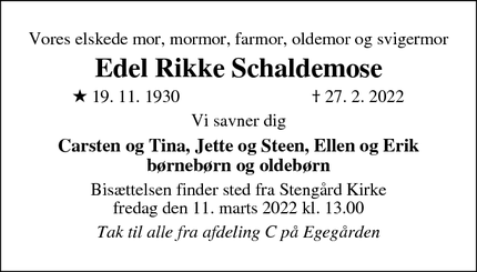 Dødsannoncen for Edel Rikke Schaldemose - Søborg
