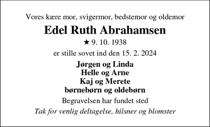 Dødsannoncen for Edel Ruth Abrahamsen - Stoholm