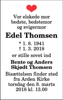 Dødsannoncen for Edel Thomsen - Aalborg