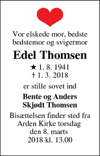 Dødsannoncen for Edel Thomsen - Aalborg