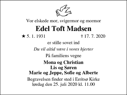 Dødsannoncen for Edel Toft Madsen - Fredericia