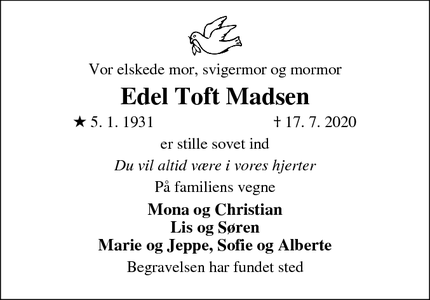 Dødsannoncen for Edel Toft Madsen - Fredericia