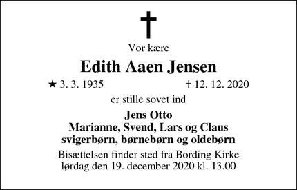 Dødsannoncen for Edith Aaen Jensen - Engesvang