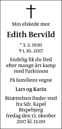 Dødsannoncen for Edith Bervild - København