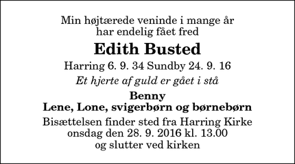 Dødsannoncen for Edith Busted - Sundby