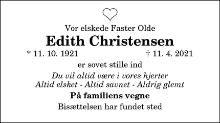 Dødsannoncen for Edith Christensen - Aalestrup