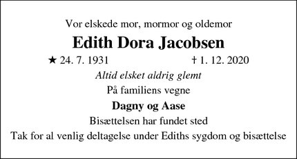 Dødsannoncen for Edith Dora Jacobsen - Gråsten