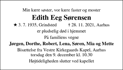 Dødsannoncen for Edith Eeg Sørensen - Assens