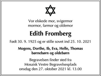 Dødsannoncen for Edith Fromberg - København