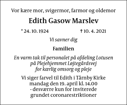Dødsannoncen for Edith Gasow Marslev - København S