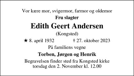 Dødsannoncen for Edith Geert Andersen - Kongsted