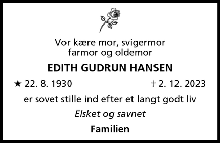 Dødsannoncen for Edith Gudrun Hansen - Rødovre