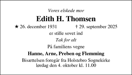 Dødsannoncen for Edith H. Thomsen - Holstebro