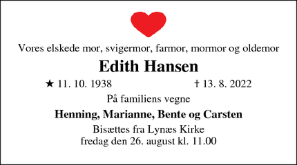 Dødsannoncen for Edith Hansen - Frederiksværk