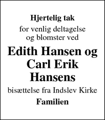 Taksigelsen for Edith Hansen og
Carl Erik
Hansens - Vejrup