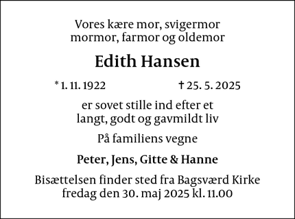 Dødsannoncen for Edith Hansen - Farum