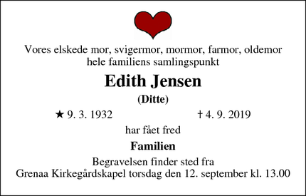 Dødsannoncen for Edith Jensen - Grenaa