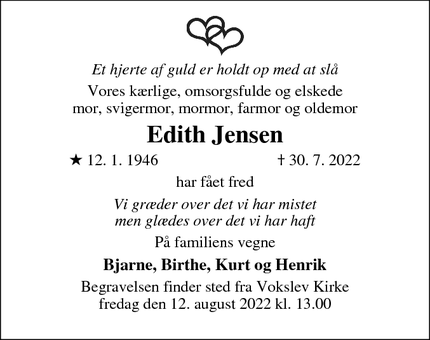 Dødsannoncen for Edith Jensen - Sønderholm