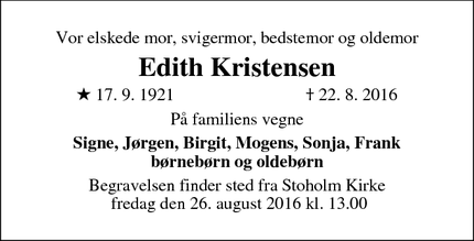 Dødsannoncen for Edith Kristensen - Sjørup