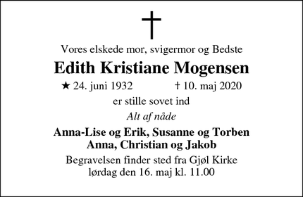 Dødsannoncen for Edith Kristiane Mogensen - Gjøl