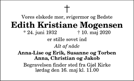 Dødsannoncen for Edith Kristiane Mogensen - Gjøl
