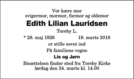 Dødsannoncen for Edith Lilian Lauridsen - Toreby L