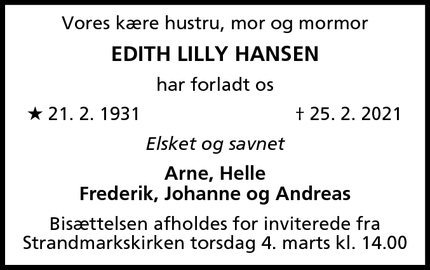 Dødsannoncen for Edith Lilly Hansen - Hvidovre