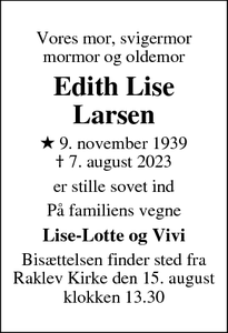 Dødsannoncen for Edith Lise Larsen - Kalundborg