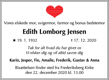 Dødsannoncen for Edith Lomborg Jensen - FREDERIKSBERG C