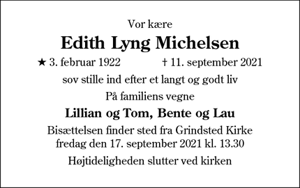 Dødsannoncen for Edith Lyng Michelsen - Grindsted