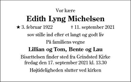 Dødsannoncen for Edith Lyng Michelsen - Grindsted