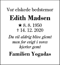Dødsannoncen for Edith Madsen - Snejbjerg