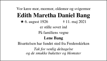Dødsannoncen for Edith Maretha Daniel Bang - 8260 Viby J