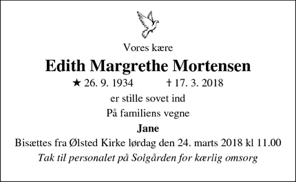 Dødsannoncen for Edith Margrethe Mortensen  - ØLSTED