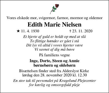 Dødsannoncen for Edith Marie Nielsen - Silkeborg 