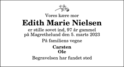 Dødsannoncen for Edith Marie Nielsen - jerslev
