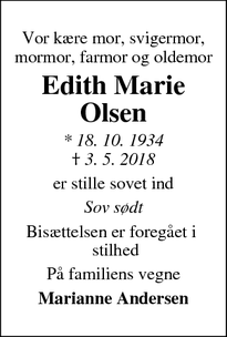 Dødsannoncen for Edith Marie Olsen - Ringkøbing
