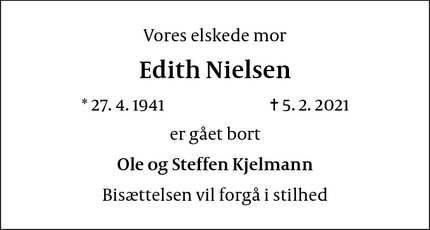 Dødsannoncen for Edith Nielsen - København S
