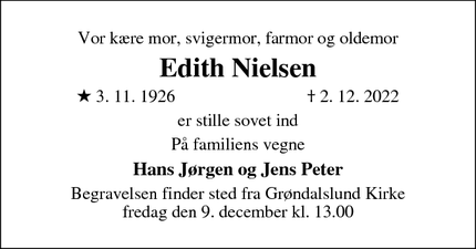 Dødsannoncen for Edith Nielsen - Rødovre