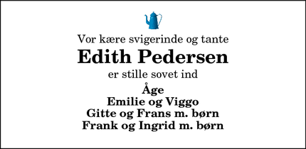 Dødsannoncen for Edith Pedersen - Vils