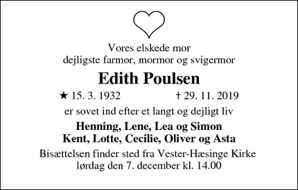 Dødsannoncen for Edith Poulsen - Odense, tidligere Vester-Hæsinge