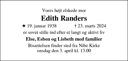 Dødsannoncen for Edith Randers - Kalundborg