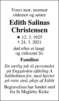 Dødsannoncen for Edith Salinas Christensen - Dragør