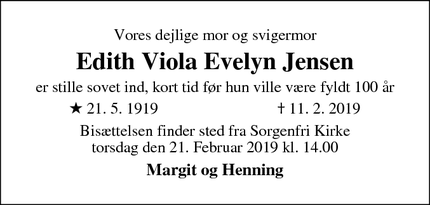 Dødsannoncen for Edith Viola Evelyn Jensen - Virum